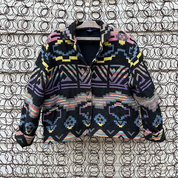 Vintage Jackets & Blazers - Vintage 90s ITF neon southwestern Aztec stripe woven tapestry jacket